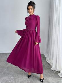 Veilorie Rose Red Fold Rhinestone Romantic And Elegant Arabic Style Dress, Lotus Long Sleeves Fashionable For Daily Wear Spring Valentine's Day Rave Outfits Festival,Modest - Rose Red - View 4