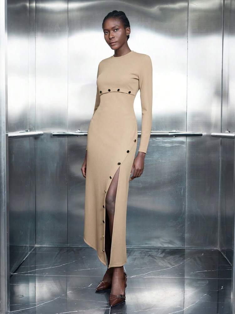 SHEIN Maija Women's Solid Color Simple Daily Round Neck Long Sleeve Long Winter Knit Dress Business Casual Women's Wear, Office Wear, Low-Key Old Money Style, Effortless Temperament, High-End Urban Commuting, The Same Style As The Editor-In-Chief Of The Magazine, Urban Social Vacation Party Wear, Charming, Low-Key And Durable Basic Style, Versatile And Not Picky Clothing, Street Fashion Wear, Clothing, Coffee Shop, Relaxed Wear