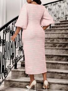 SHEIN Lady 春夏优雅通勤办公室粉色针织纹理圆领铅笔喇叭袖中长袖大码连衣裙优雅女装高档服装夏季女士夏装夏季连衣裙夏装女士春装大码女装 - 粉色 - 查看 2