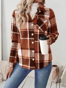 SHEIN LUNE Chaqueta casual con botones y bolsillos con estampado a cuadros de manga larga para mujer, camisa de uso casual diario para mujer