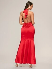 Glamine Women's Solid Color 3D Floral Decor Mermaid Maxi Sheath Dress With Halter Neckline - Red - View 2