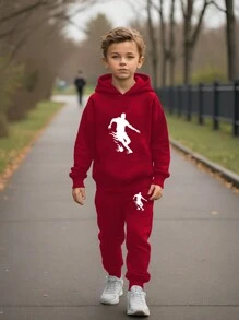 2 件套年轻男孩足球运动员图案连帽衫和运动裤套装 - 紅色 - 查看 1