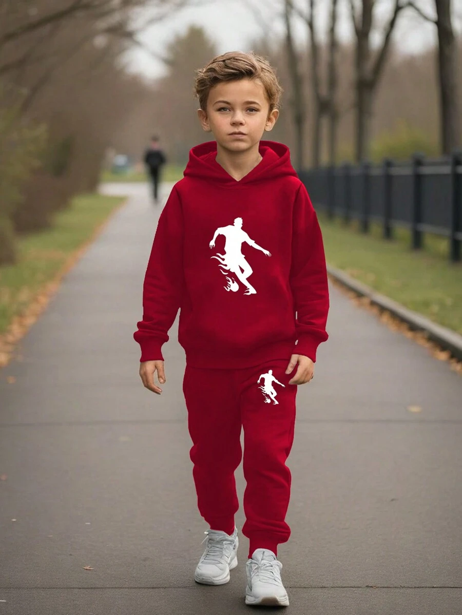 2 件套年轻男孩足球运动员图案连帽衫和运动裤套装 - 紅色 - 查看 1