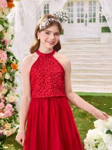 2 件/套 Tween Girl 纹理提花露背上衣搭配红色网眼拼接，优雅套装，适合派对/聚会/下午茶，春/夏 - 紅色 - 查看 4