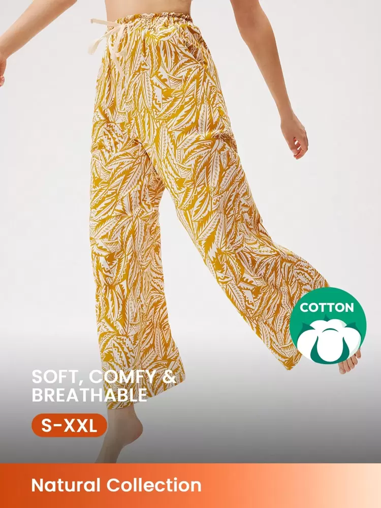 Letnie spodnie typu Lsland w żółtym, miękkim bawełnianym stylu, z szerokimi nogawkami, wzorzyste, do noszenia w domu, z kieszeniami, bielizna jako odzież wierzchnia, przewiewne spodnie piżamowe