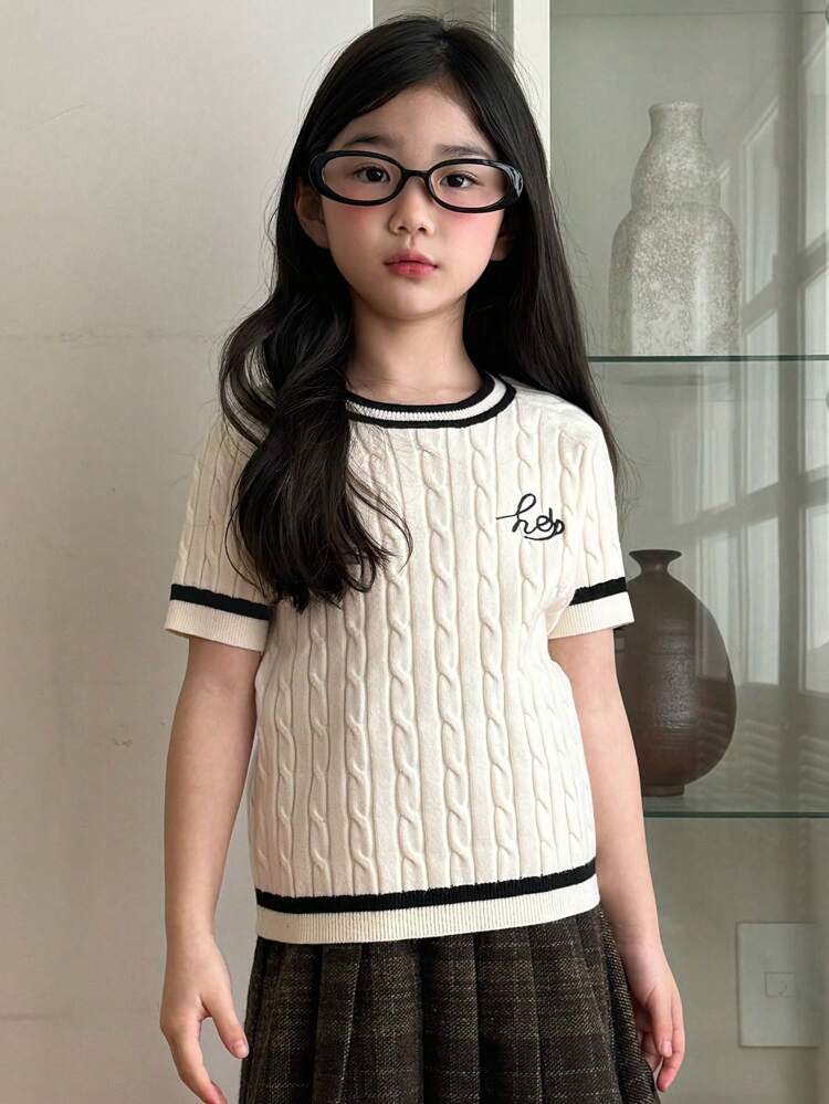 Tween Girl Letter Embroidered Round Neck Short Sleeve Sweater, Suitable For Spring/Summer,Back To School Clothes