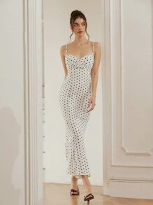 Aveloria Rosie Vestido de cola de pez con cintura fruncida, elegante y romántico estilo francés, con puntos negros y blancos para mujeres
