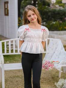 SHEIN Tween Girl' 优雅可爱蝴蝶结泡泡袖短款荷叶边下摆衬衫，适合外出、上学、春夏装、公主风格、婚礼季节 - 白色 - 查看 5