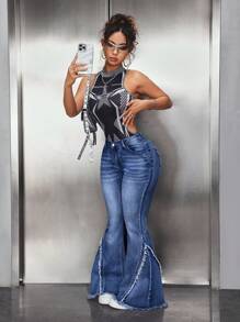 SHEIN ICON 女式休闲破洞修身喇叭牛仔裤 - 藍色 - 查看 5