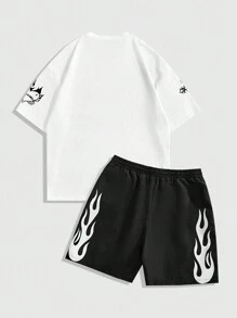 ROMWE MEN Street Life Men's Letter Print Round Neck Short Sleeve Casual T-Shirt And Drawstring Waist Shorts Set - Black and White - View 2