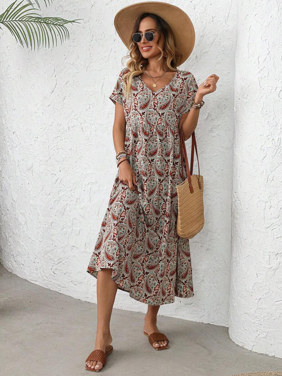 EMERY ROSE Women's Boho Paisley Print Midi Dress: Summer Casual Vacation Style,Summer Dresses For Women - Multicolor - View 1