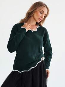 SHEIN LUNE 女士休闲 V 领撞色边饰长袖毛衣、长袖上衣 - 軍綠色 - 查看 2