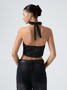 SHEIN EZwear Summer Outfits Striped Print Button Front Halter Top - Black - View 2