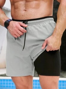 Manfinity Swimmode Pantaloni scurți casual simpli pentru bărbați, cu imprimeu petice, cu legături în față, potriviți pentru timpul liber și vacanță, stil hawaian