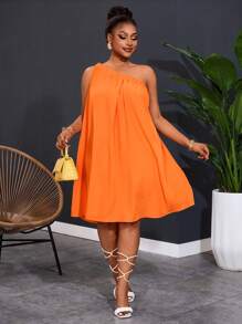 Slaydiva Váy ống rộng màu trơn không tay một bên vai cỡ lớn mới 2025 cho nữ - trái cam - Xem 2
