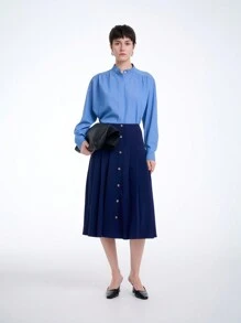 Aalyst Women's High Waist Single-Breasted Pleated Knee Length Skirt, Modest Elegant Country Style