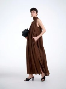 Aalyst Vestito lungo da donna con tasche, stile monocolore, con scollo a canottiera, adatto per la primavera/estate - Caffè Marrone - Visualizzare 5