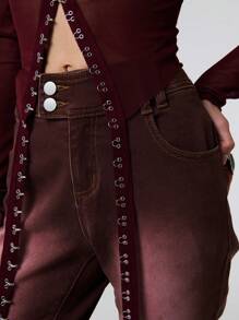 TypaGal 双纽扣复古洗水棉质牛仔裤 - 紅色 - 查看 3