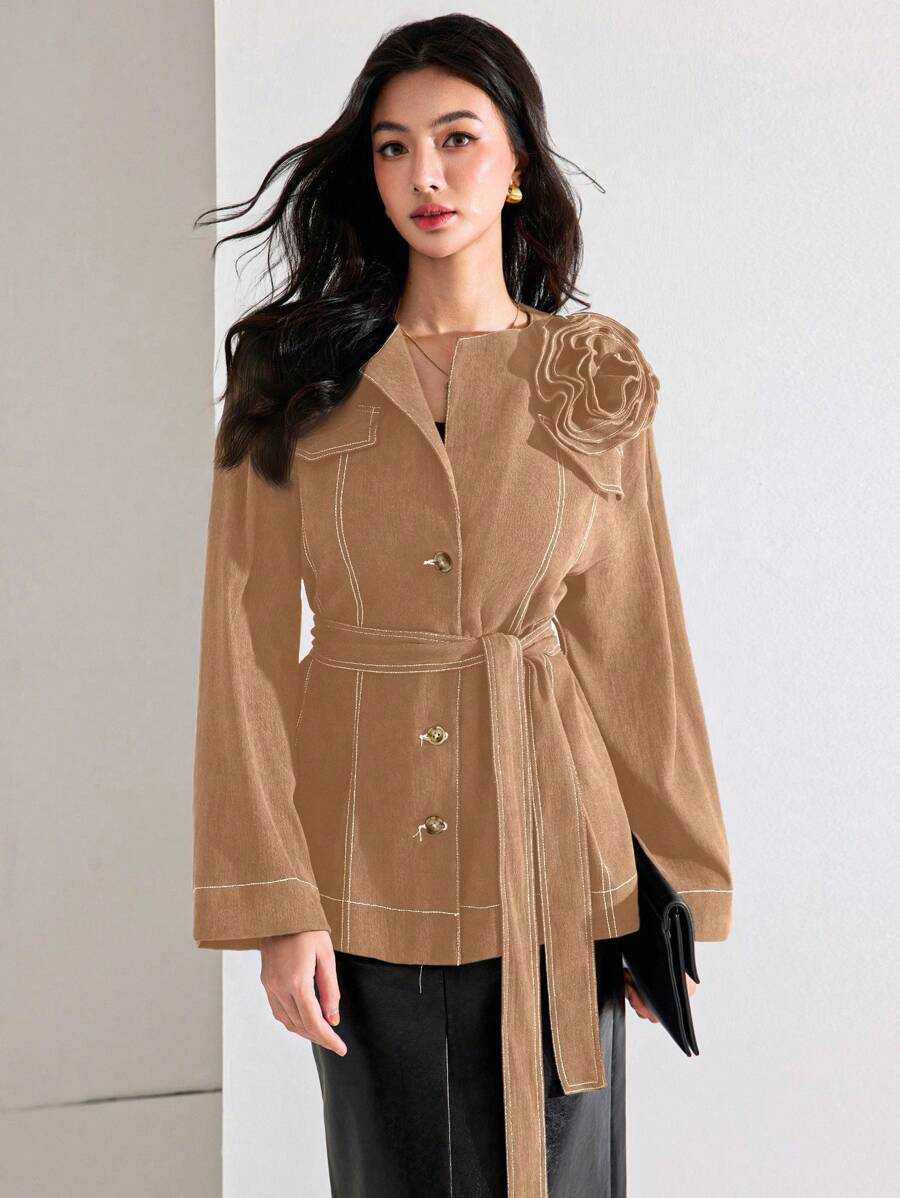 Heiryn Handmade 3D Floral Decor Color Block Casual Elegant Office Commute Jacket, Versatile - Khaki - View 1