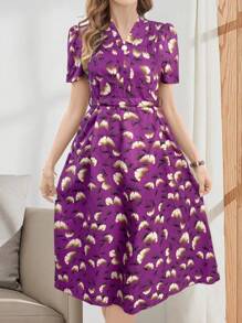 EMERY ROSE Elegant Casual V-Neck Tie Waist Short Sleeve Midi Dress For Women