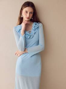 MOTF PREMIUM 立体花朵开衩连衣裙 - 藍色 - 查看 3