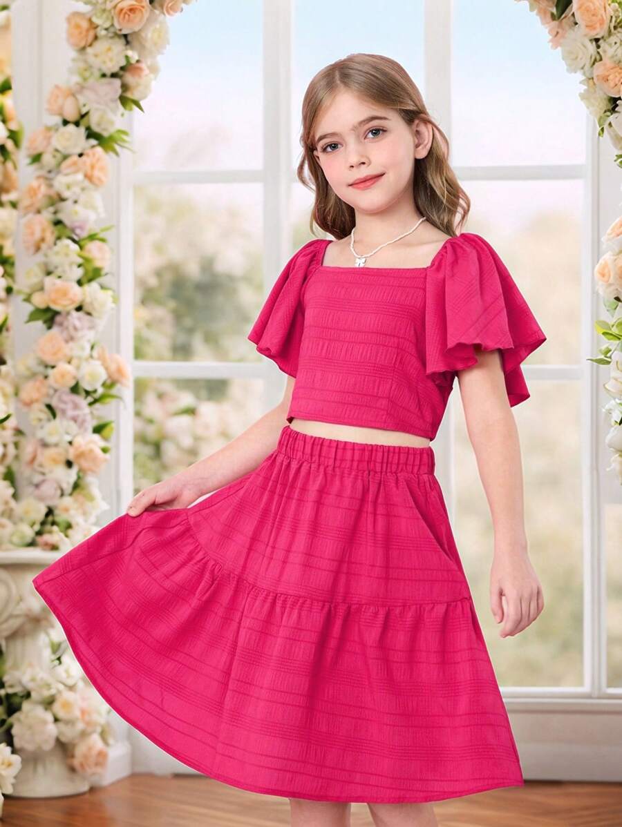 Tween Girls 可爱粉色情人节印花短袖上衣和松紧腰 A 字裙套装，夏季 - 玫紅色 - 查看 1