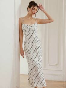 Aveloria Rosie Vestido de cola de pez con cintura fruncida, elegante y romántico estilo francés, con puntos negros y blancos para mujeres