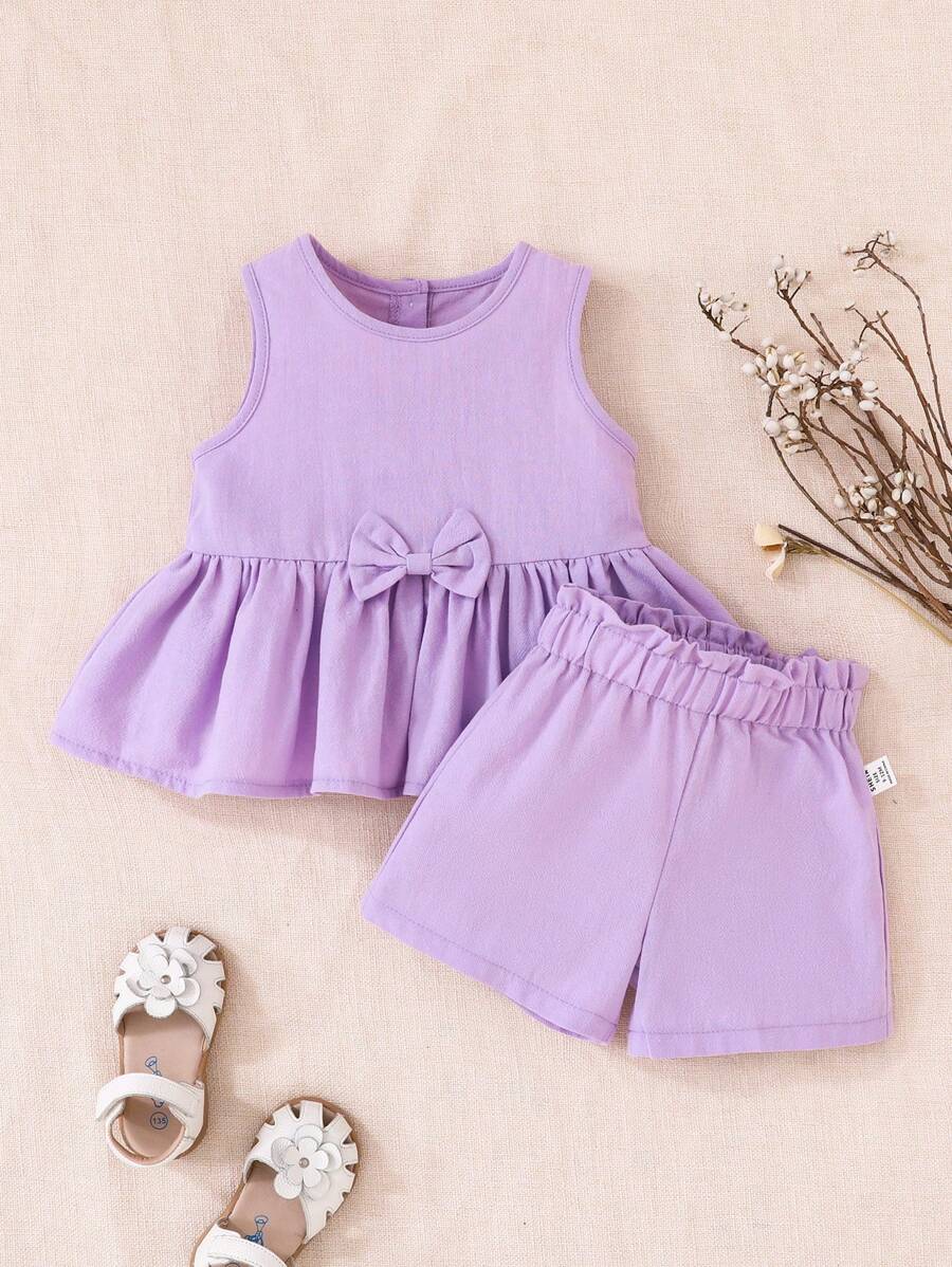 Souflis Souflis 2 stuks paarse elegante, luxe en schattige casual outfits voor babymeisjes, lente/zomer