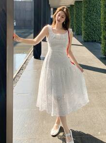 DAZY 女式荷叶边领刺绣中长连衣裙太阳裙