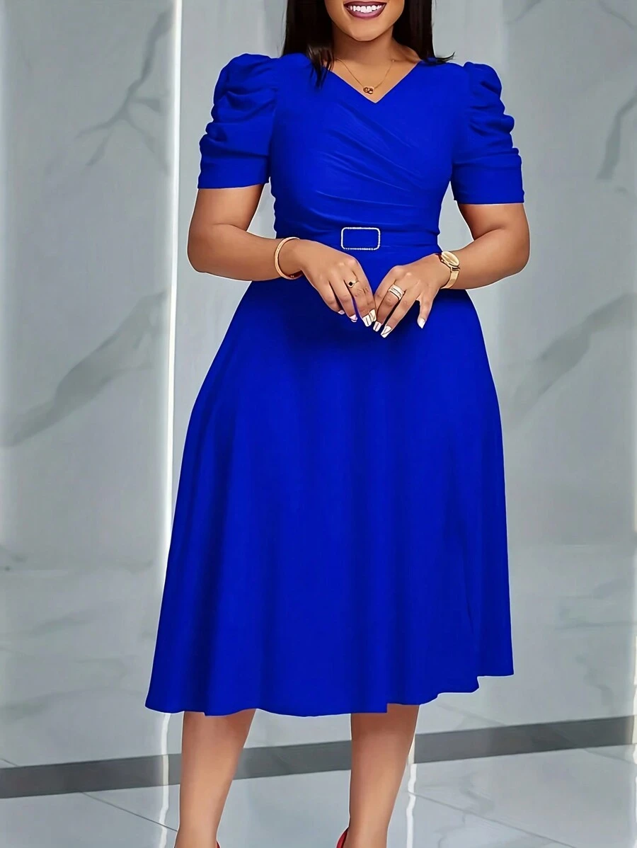 Vestido de manga corta, escote en V, elegante y de ajuste ceñido para mujer, para primavera/verano - Azul - Ver 1