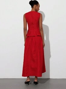 Aveloria Modichic 2pcs/Set Women's Red Romantic Party Outfit - Sleeveless Jacquard Top With Layered Waist Detail & Extra Long Skirt, Elevated Look