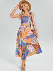 Wildy Boho Vacay Bohemian Western Wear Women Women 2pcs Set: Printed Slip Dress & Sleeveless Skirt, Resort Wear