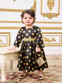 SHEIN Leap Crew Baby Girls Black Mesh Polka Dot Long Cardigan & Dress 2 Pieces Outfit Set, Spring/Summer - Black - View 4