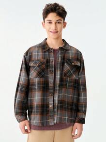 SHEIN 1pc Vintage Distressed Plaid Shirt For Teenage Boys, American Streetwear Style, Retro Checkered Button-Down Collared Shirt With Pockets, Suitable For School, Travel, Daily Wear, Skateboarding, Music Festivals, Clean Fit - Multicolor - View 1