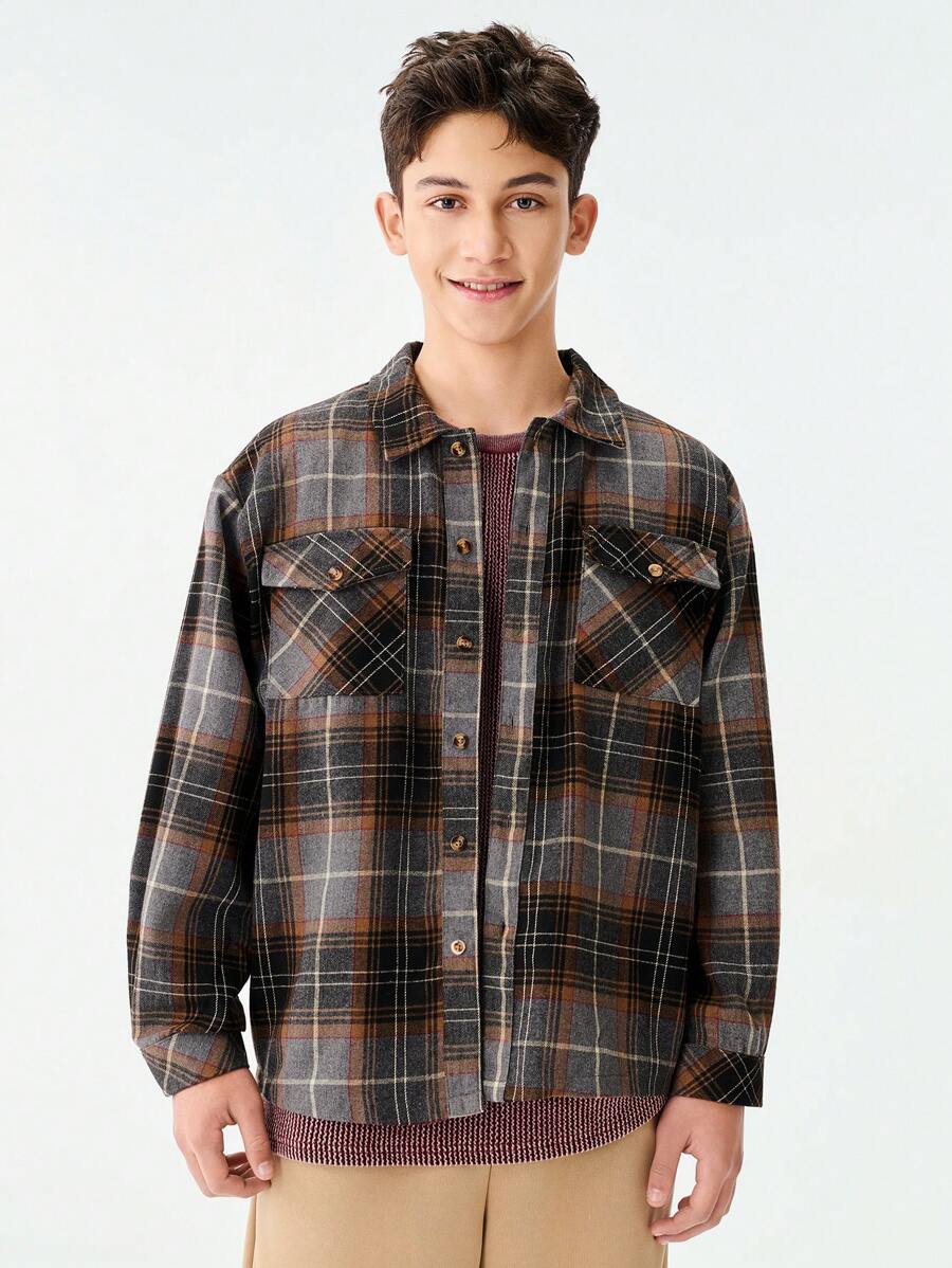 SHEIN 1pc Vintage Distressed Plaid Shirt For Teenage Boys, American Streetwear Style, Retro Checkered Button-Down Collared Shirt With Pockets, Suitable For School, Travel, Daily Wear, Skateboarding, Music Festivals, Clean Fit - Multicolor - View 1