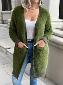 Calvaya Plus Size Women's Solid Color Simple Casual Fluffy Long Sleeve Cardigan - Army Green - View 5