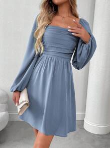 EMERY ROSE Women's Solid Color Ruffle Square Neck Lantern Sleeve Dress Fall Cloth For Women - Dusty Blue - View 6