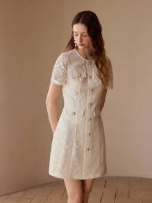 MOTF FASHIONABLE POINTELLE DECOR ROUND NECK FITTED SHORT SLEEVE MINI DRESS