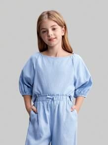 Maija Kids Maija Kids Tween Girls 2 Pieces Set: Loose Casual Shirt & Wide Leg Pants - Blue - View 4