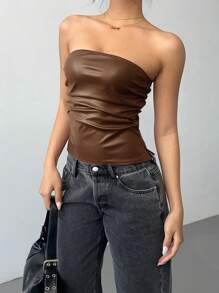 Siren Gaze New Year&Valentine's Women's PU Leather Top Fashionable Ruched Asymmetric Hem Tube Top, Suitable For Going Out And Parties Top,New Years Women Brown Summer Casual - Coffee Brown - View 5