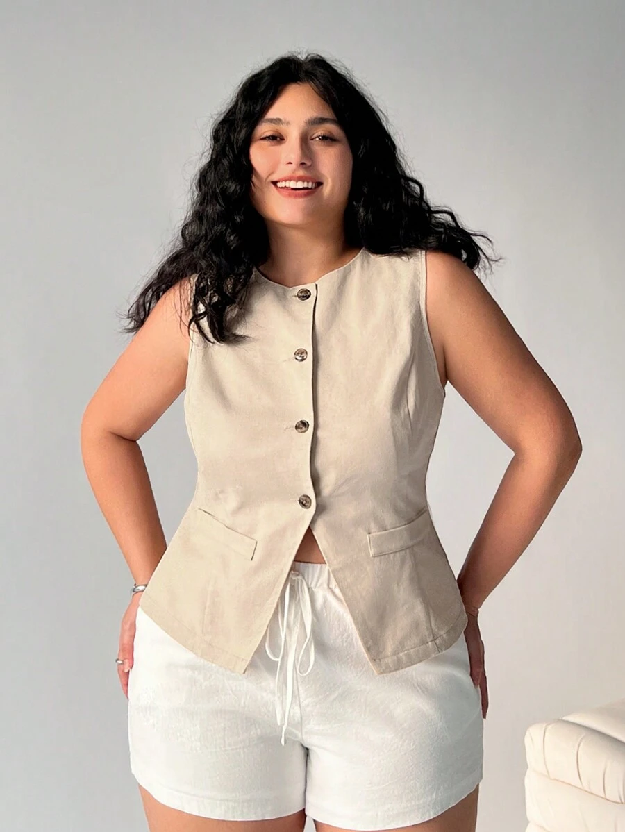 Solflare Plus Size Casual Minimalist Solid Color Suit Vest For Summer In Fall/Winter - Khaki - View 1