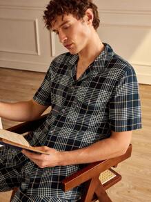 Manfinity 男士格子印花短袖衬衫和短裤睡衣套装 - 綠色 - 查看 4