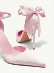 CUCCOO CHICEST Giày cao gót mũi nhọn đính nơ ruy băng 3D cho nữ, phong cách ngọt ngào lãng mạn thanh lịch, giày cao gót satin màu hồng thích hợp cho buổi hẹn hò, trà chiều, ngày lễ tình nhân, tiệc sinh nhật, trang phục quý cô tinh tế - Hồng - Xem 9
