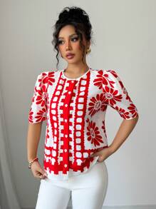 Rafferiza Women's Casual Loose Floral Print Crew Neck Short Sleeve Blouse-Style Shirt - Red - View 5