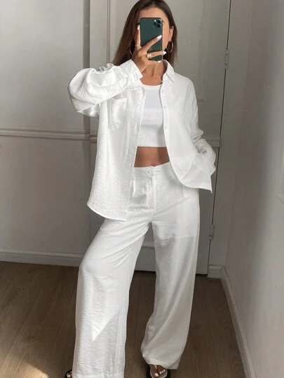 Livesso Vintage Style Casual Summer 2 Pieces Set, Loose Fit Long Sleeve Shirt And Wide Leg Pants For Women,Fall Clothes Lounge Sets For Women