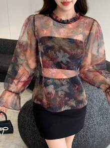DAZY Floral Print Stand Collar Ruffle Trim Long Sleeve Casual Blouse For Women, Vacation Wear, Summer