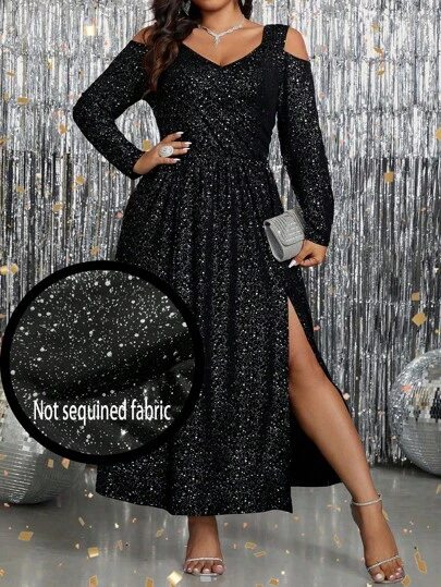 SHEIN Clasi 加大码全图案印花露肩开衩长裙女装