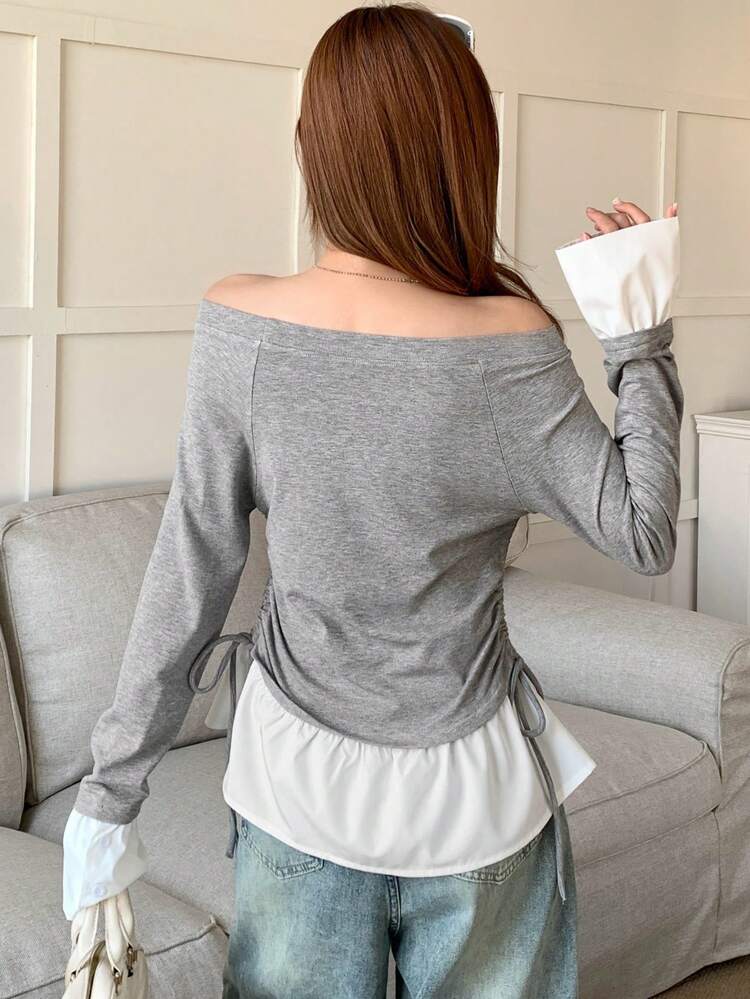 Women's Large Round Neck Patchwork Blouse Collar Fitted Pullover T-Shirt, Spring/Summer