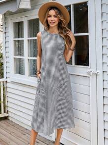 EMERY ROSE Vestido corto casual y holgado de viscosa con cuello redondo, mangas cortas, bolsillo y línea A con estampado a cuadros - Blanco y Negro - Ver 3