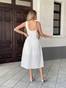 Pariaura Women's Long Backless French Hollow Decor Buttoned Ruffle Hem Sleeveless Dress - White - View 2